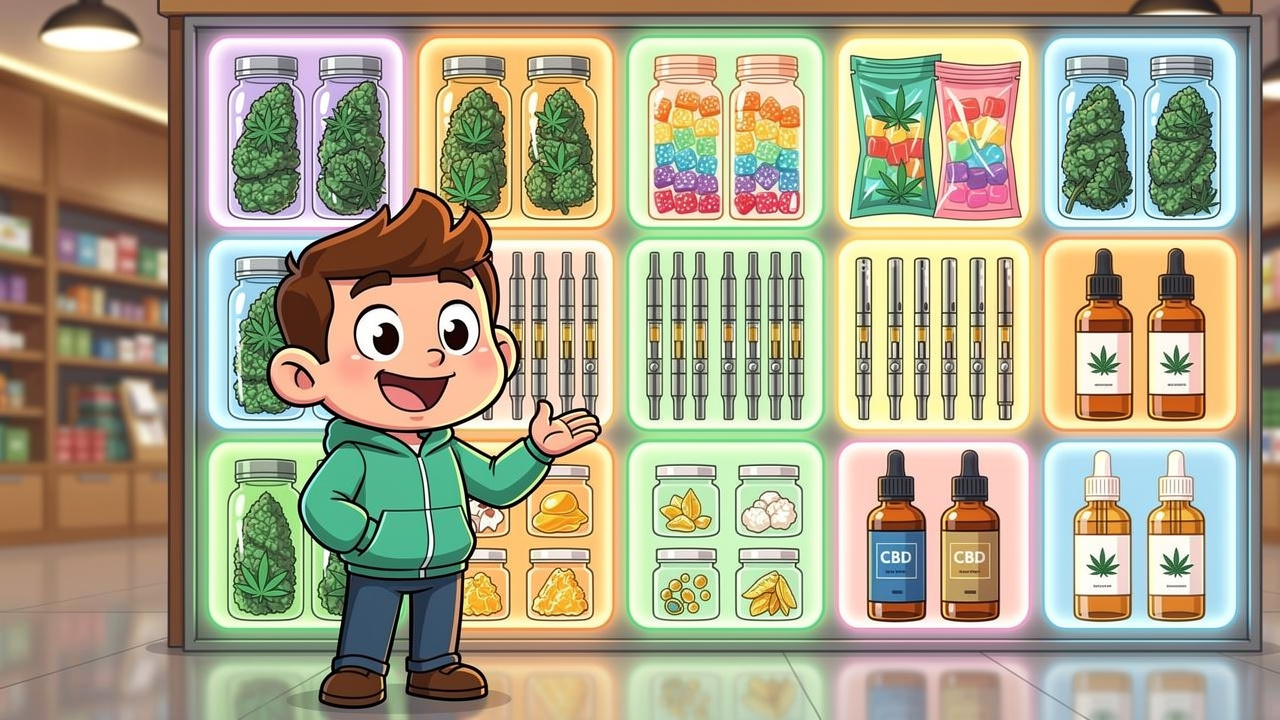 Cartoon display of full cannabis product range
