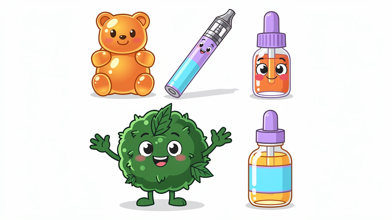 Cartoon characters representing flower, edibles, vapes, and CBD range