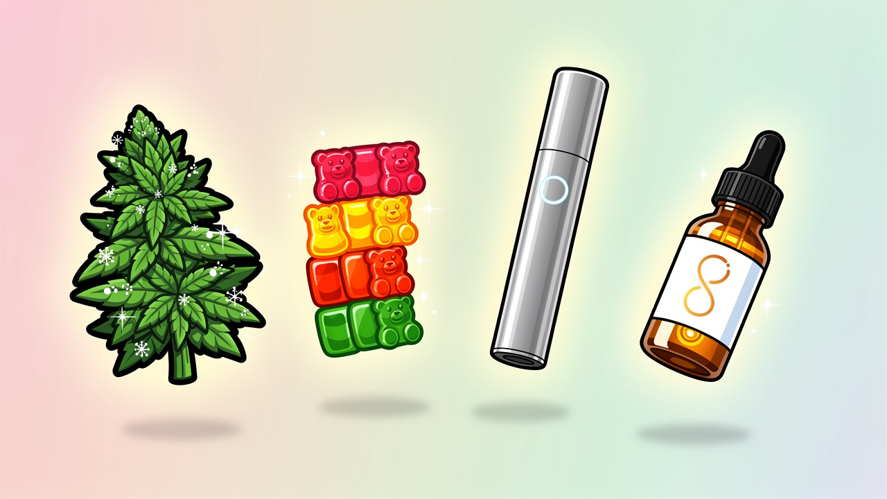 Cartoon illustration of cannabis flower edibles vapes and CBD oil