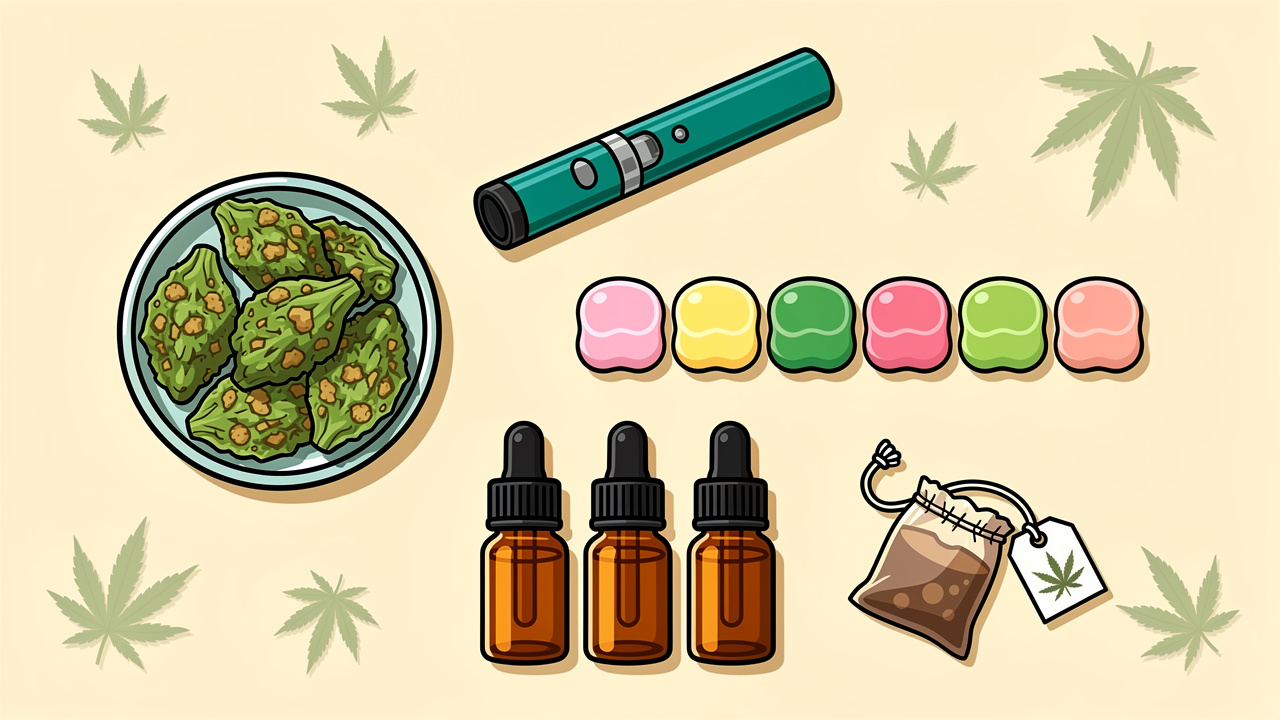 Cartoon spread of cannabis flower edibles vapes and CBD products