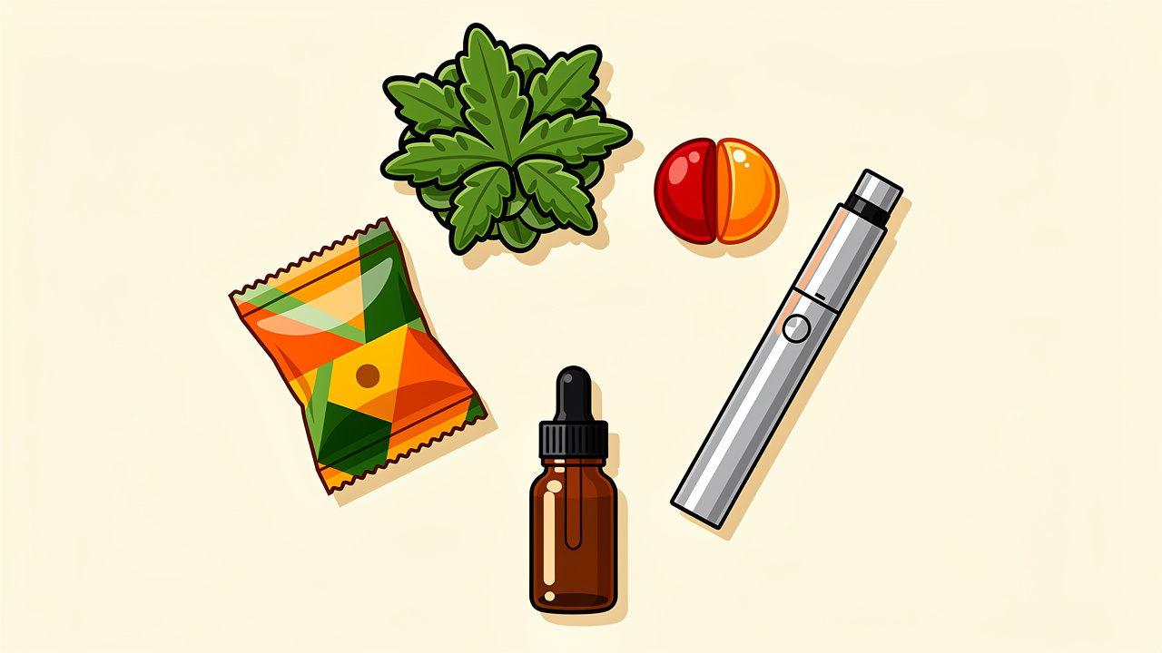 Cartoon array of cannabis flower, edibles, vapes, and CBD products