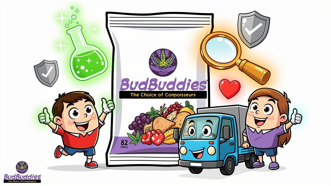 Cartoon showing BudBuddies product quality, lab testing, and delivery benefits