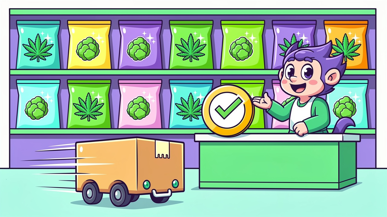 Cartoon of quality cannabis products with lab testing and delivery