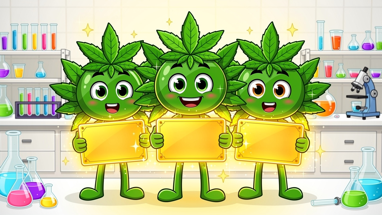 Cartoon cannabis plants holding quality certificates in a laboratory
