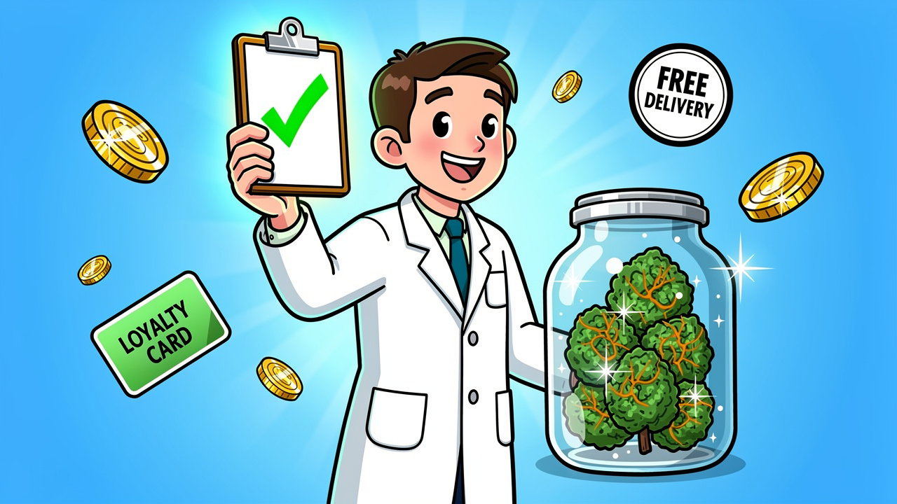 Cartoon scientist approving lab tested cannabis with loyalty rewards