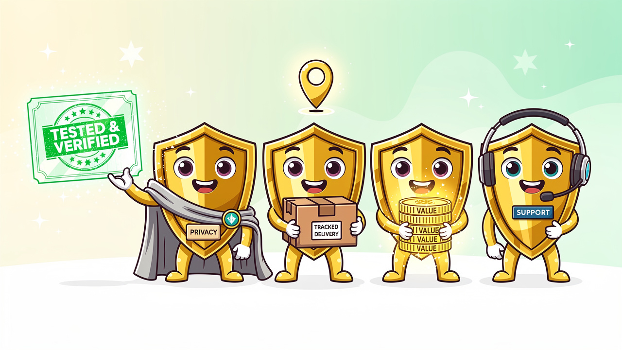 Cartoon characters representing five key BudBuddies quality pillars