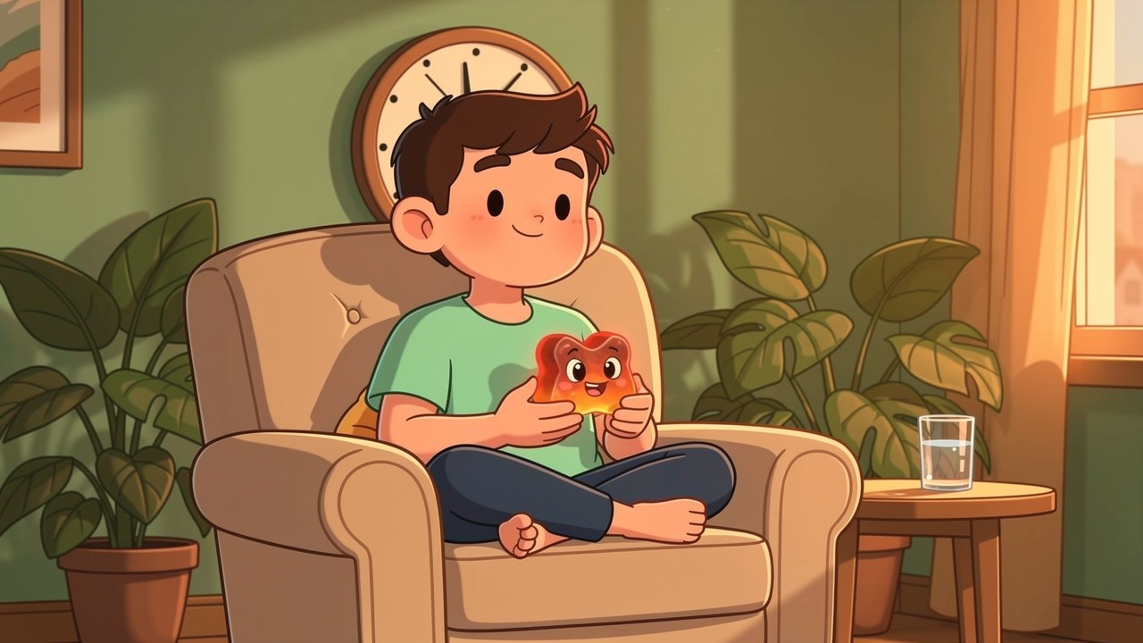 Relaxed cartoon character practising responsible cannabis use at home