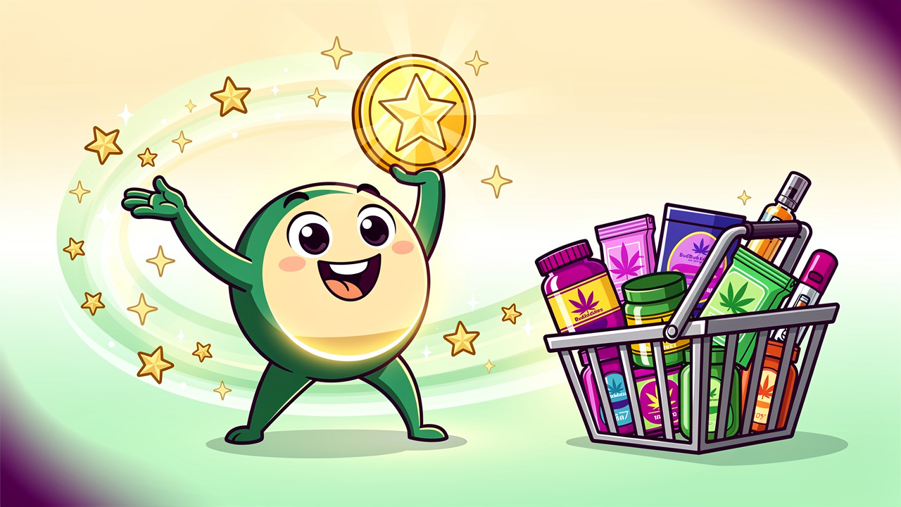Cartoon character celebrating cannabis loyalty rewards and savings