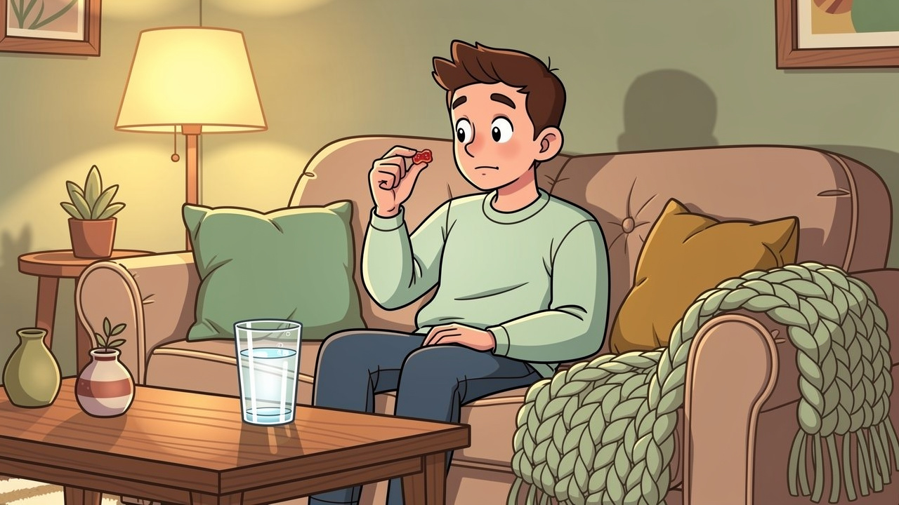 Cartoon person mindfully consuming cannabis edible on cosy sofa