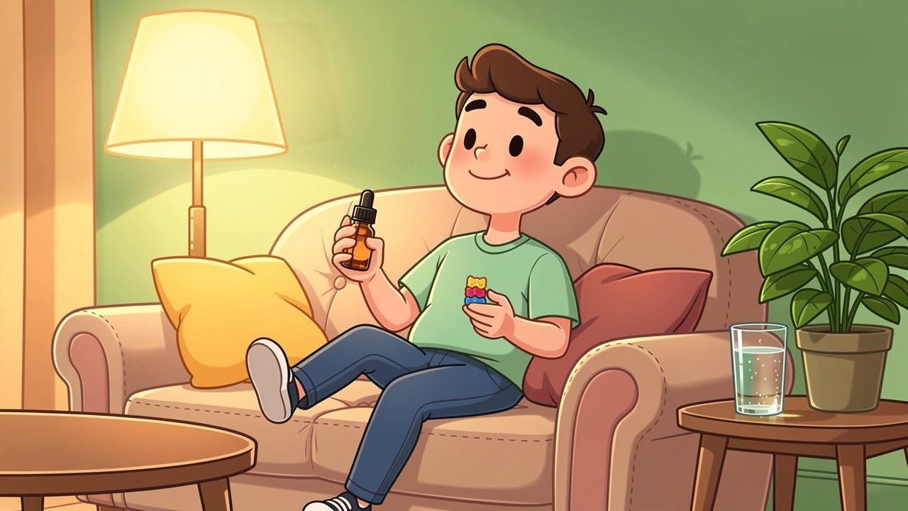 Cartoon character relaxing safely with cannabis edible at home