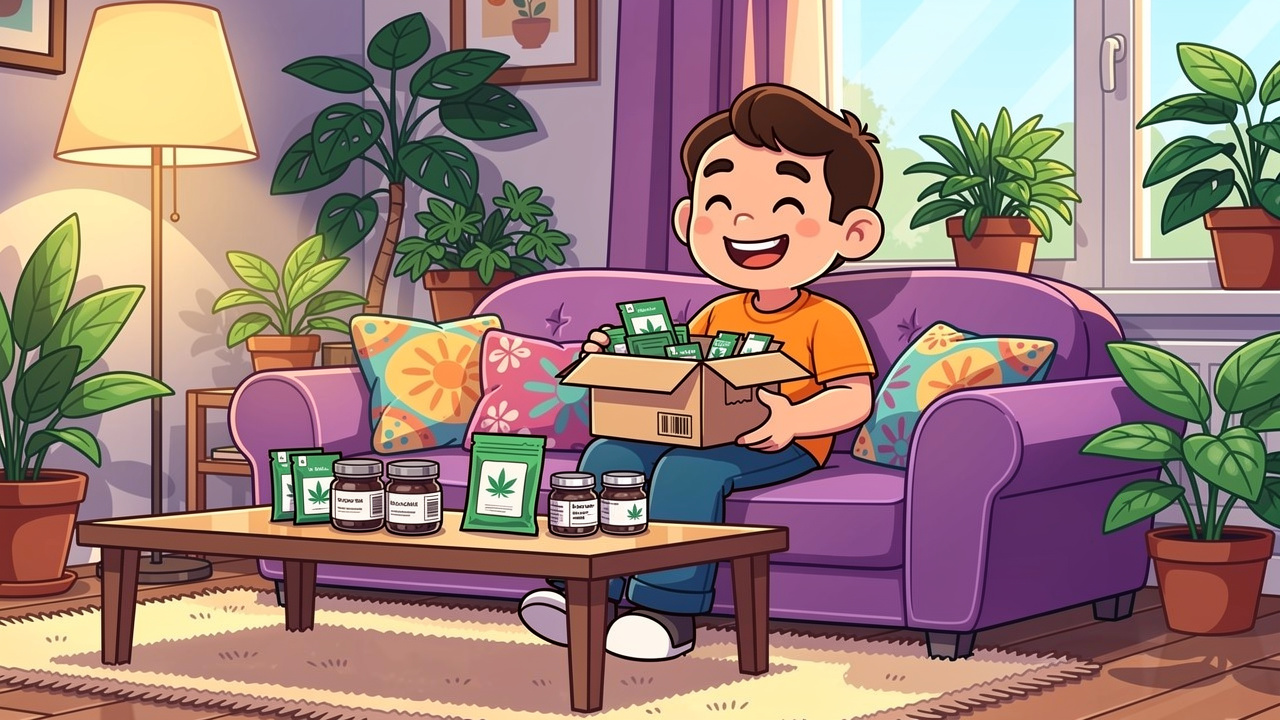 Cartoon satisfied customer opening discreet cannabis delivery at home