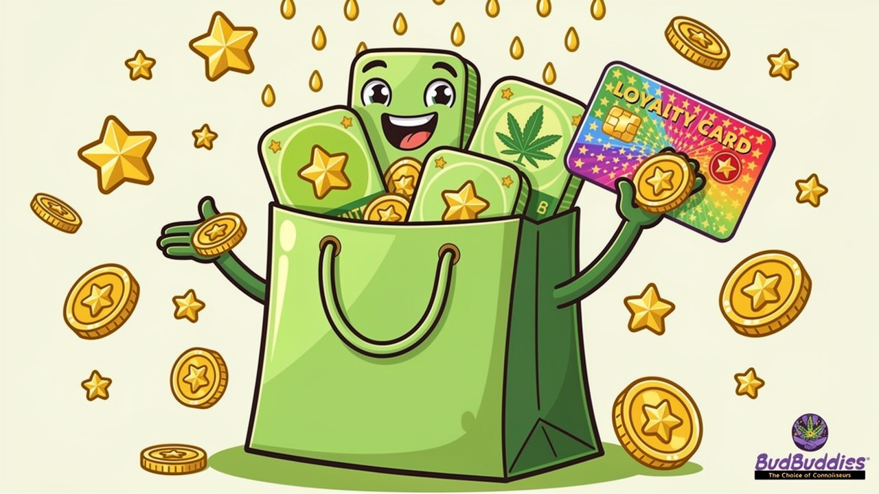 Cartoon character saving money with cannabis loyalty rewards programme