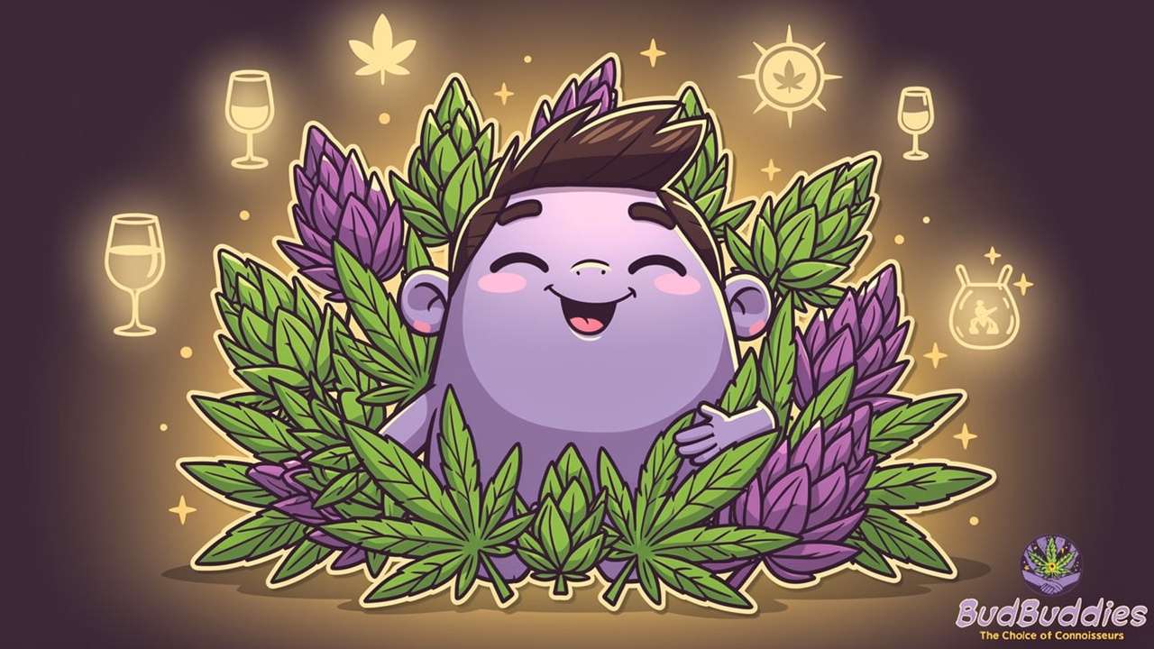 Cartoon character pleased with carefully curated premium cannabis flower selection