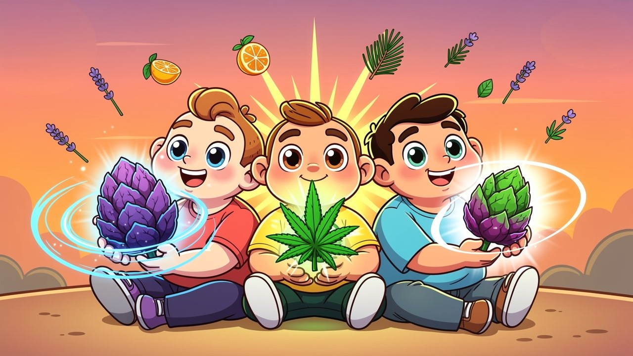Cartoon characters comparing indica, sativa and hybrid cannabis strains