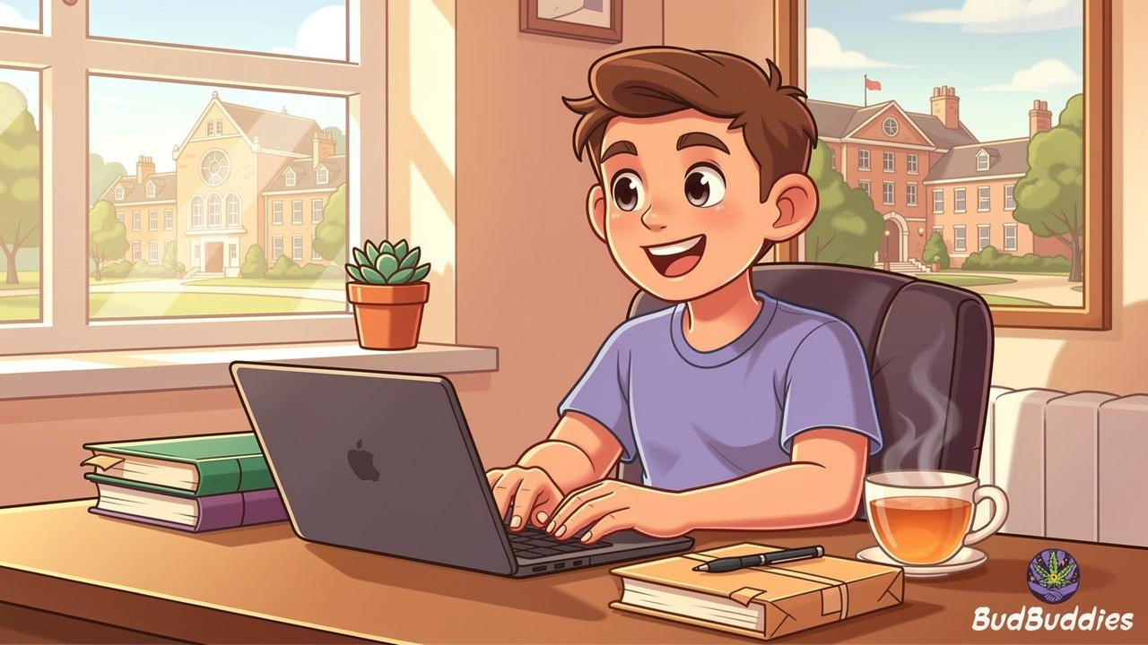 Relaxed student with discreet cannabis parcel on study desk