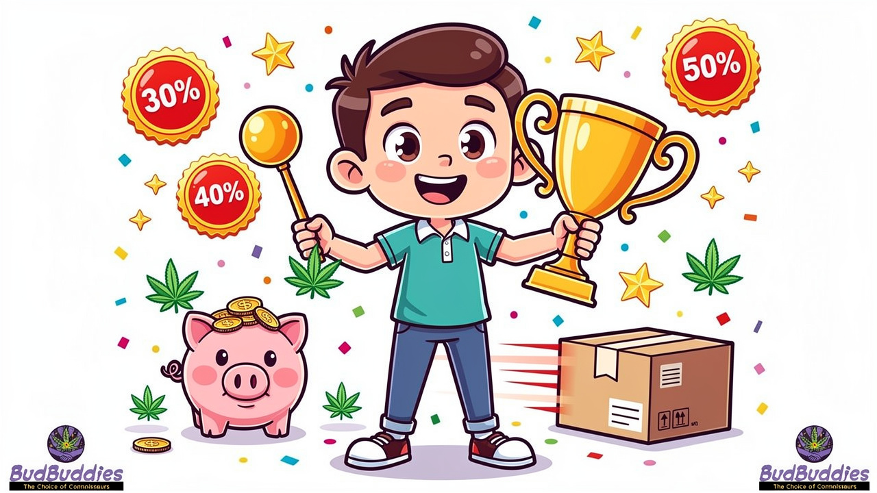 Cartoon student celebrating cannabis savings and loyalty rewards