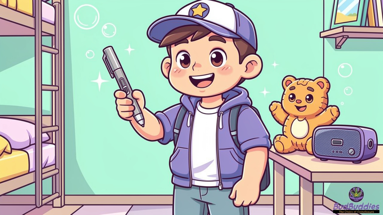 Cartoon student using low-smell vape and edibles in dorm room