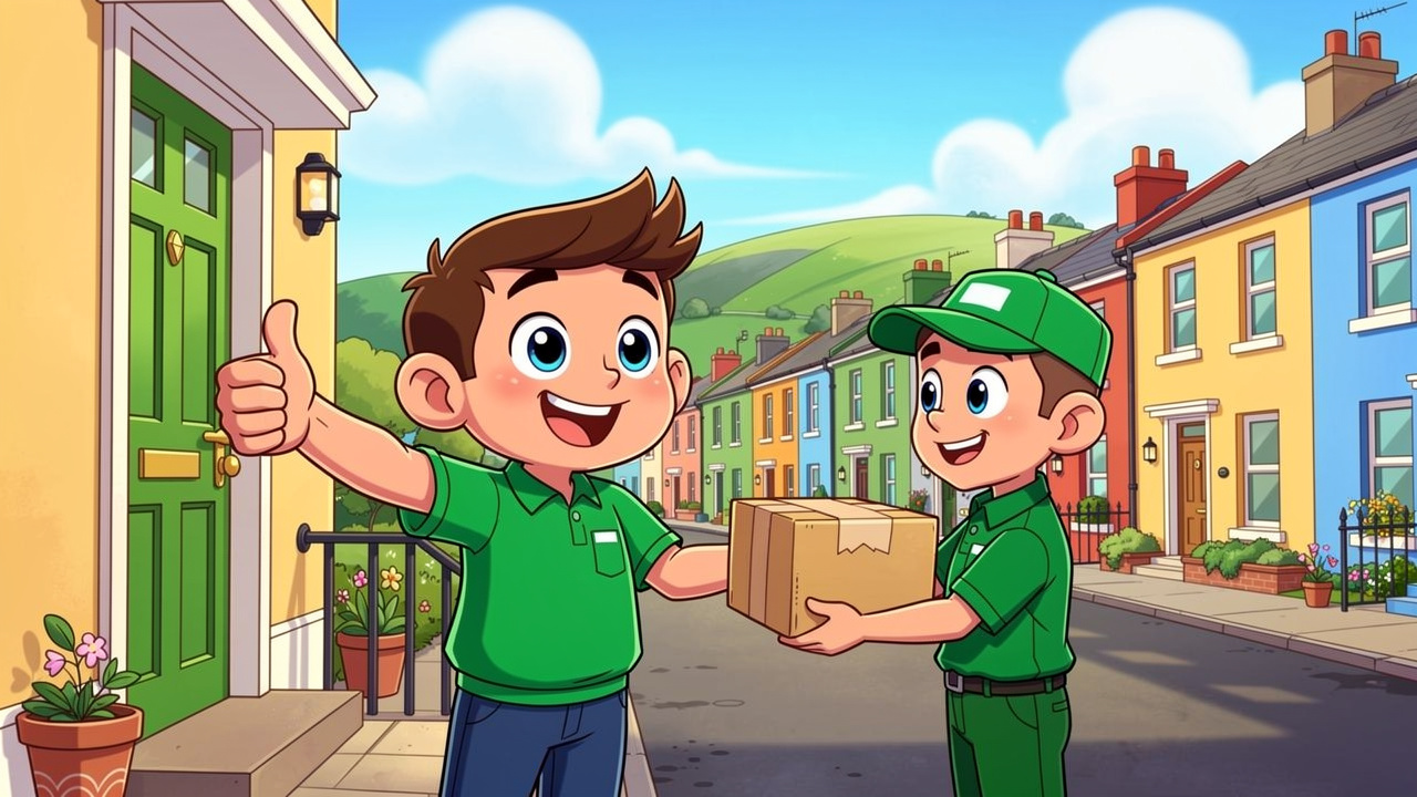 Cartoon character happily receiving discreet cannabis delivery at door