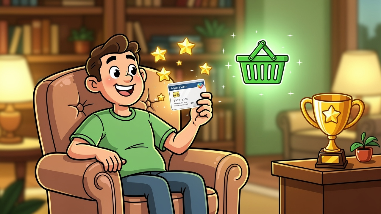 Cartoon character collecting loyalty reward points at home