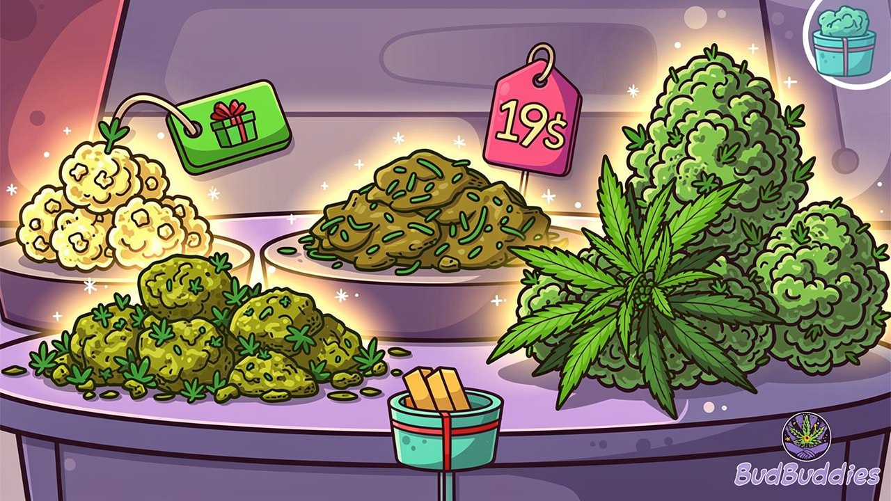 Cartoon display of various cannabis flower types and formats