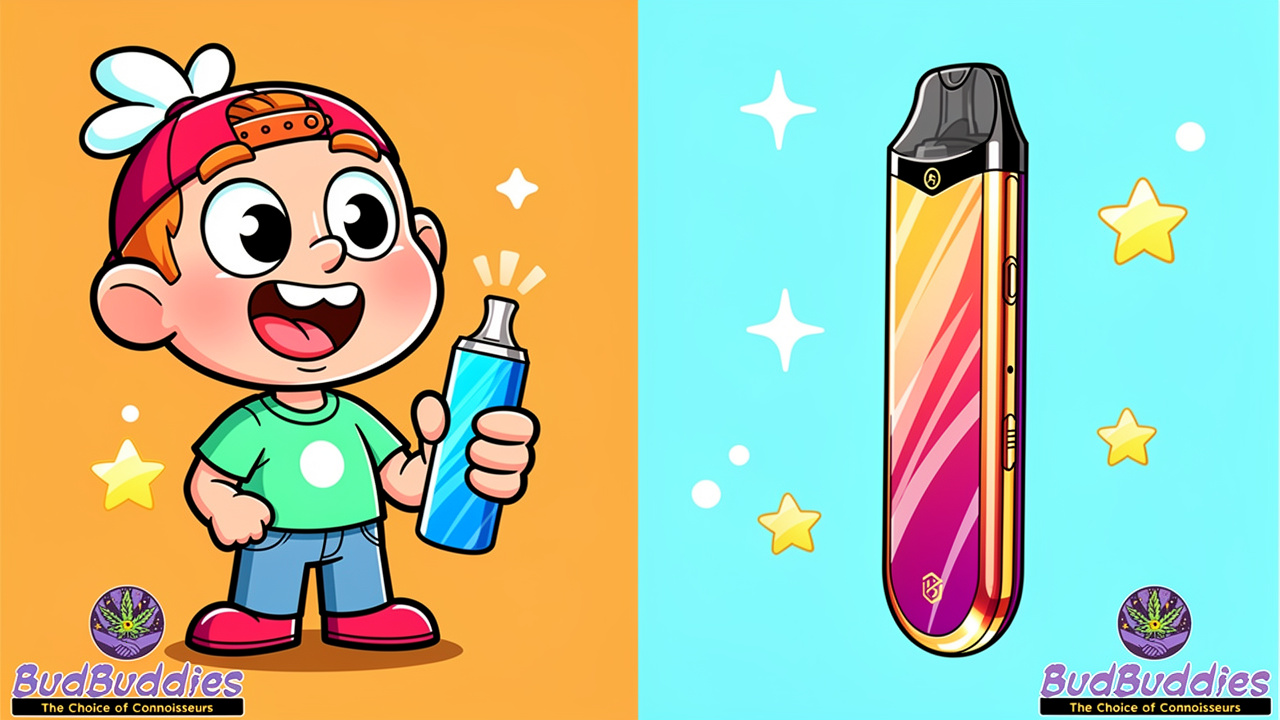 Cartoon comparison of budget and premium THC vape products side by side