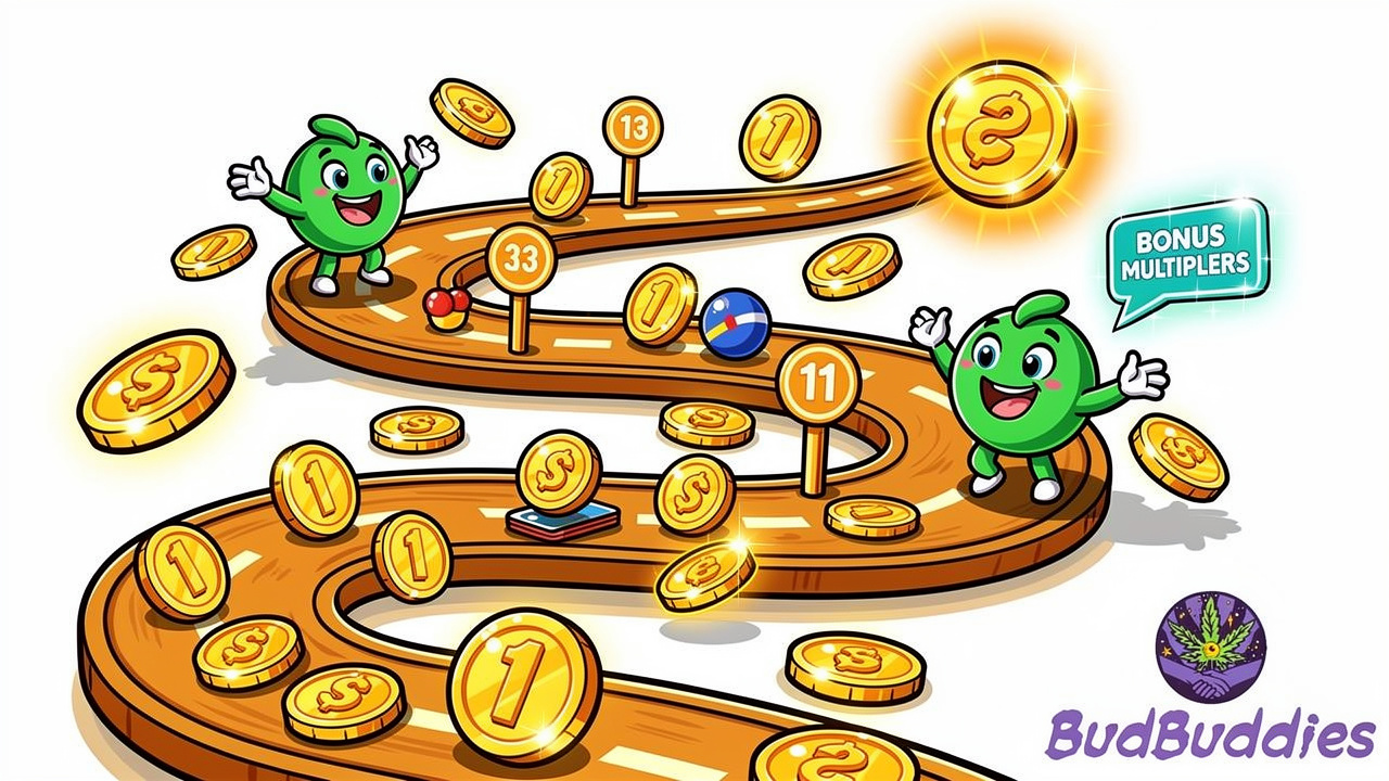 Cartoon illustration of BudPoints and BudCash rewards loyalty programme pathway