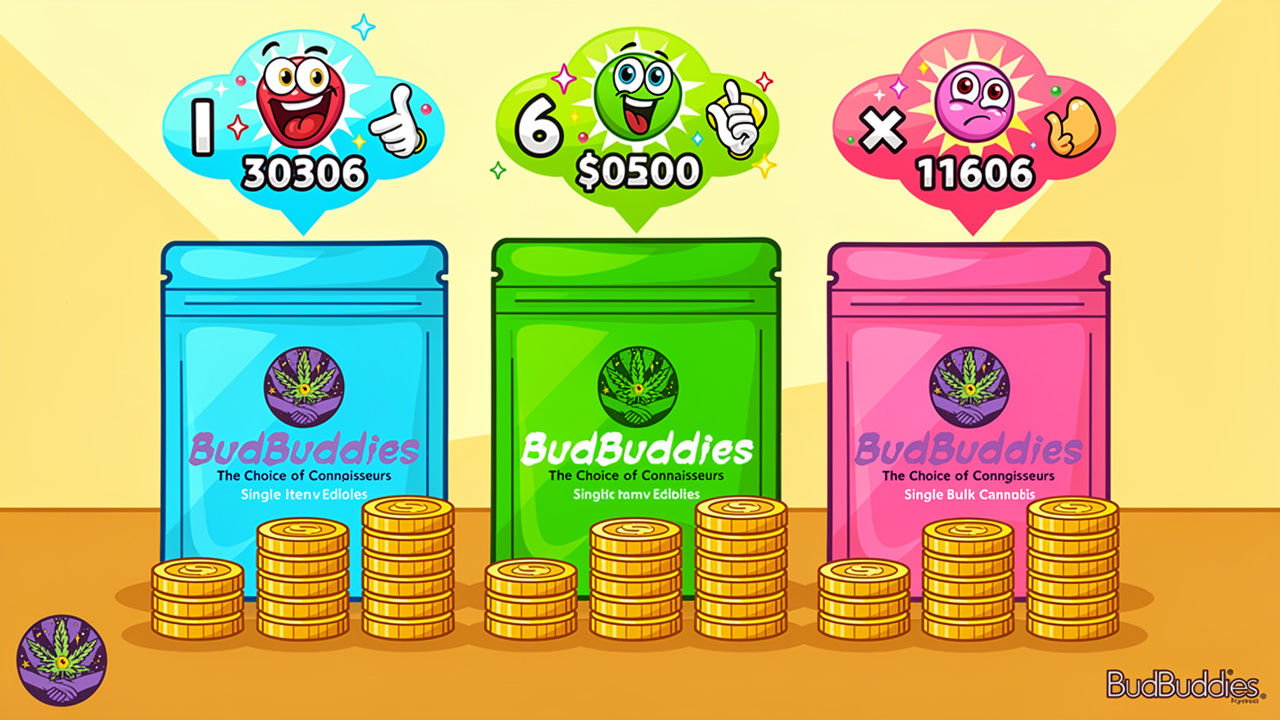 Cartoon illustration comparing bulk edible packs with price-per-dose indicators