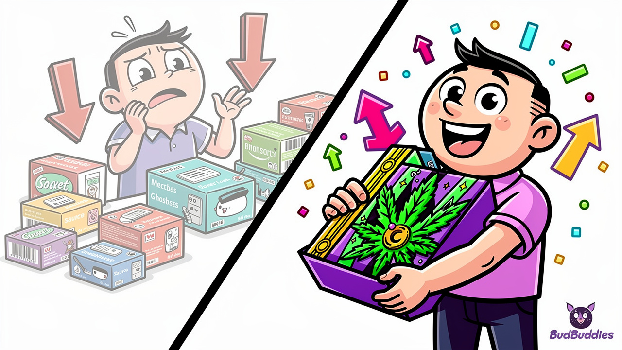 Cartoon comparison of individual purchases versus bundled savings