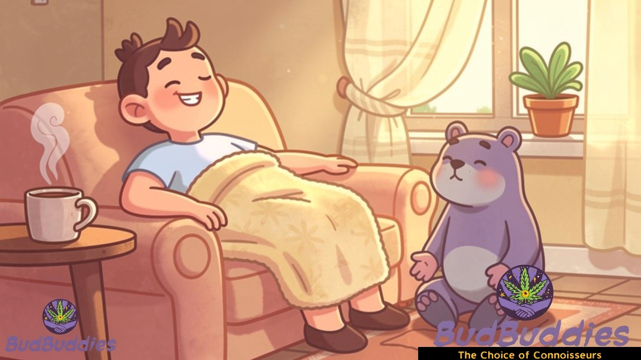 Cartoon character recovering calmly after difficult edible experience