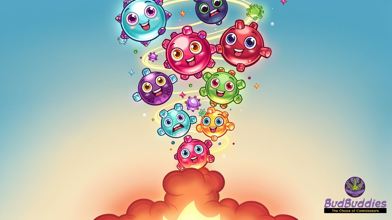 Glowing cannabinoid molecules floating upwards with cheerful animated characters