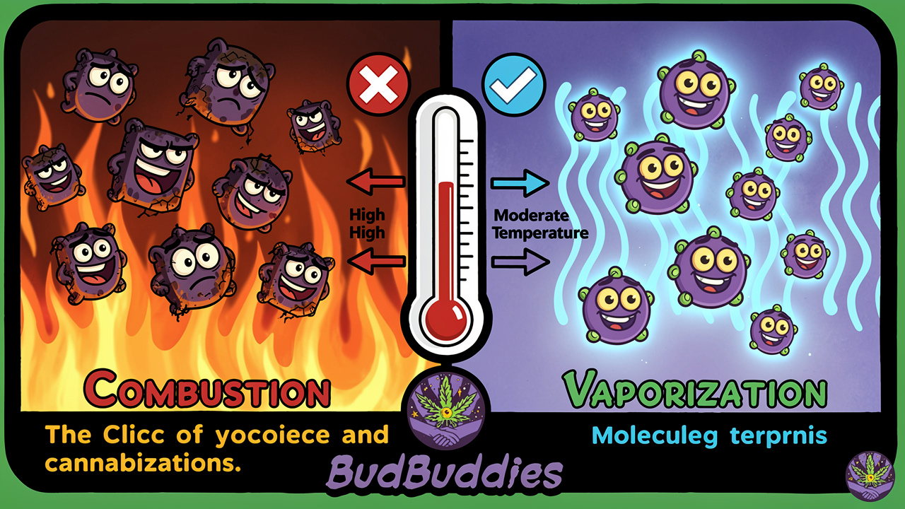 Cartoon showing cannabinoid and terpene preservation in vaping versus smoking