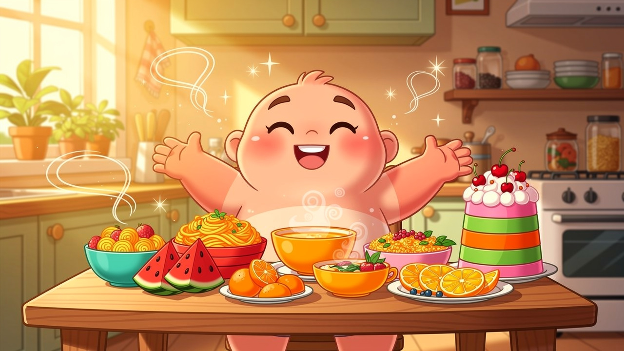 Happy cartoon character enjoying a delicious colourful meal