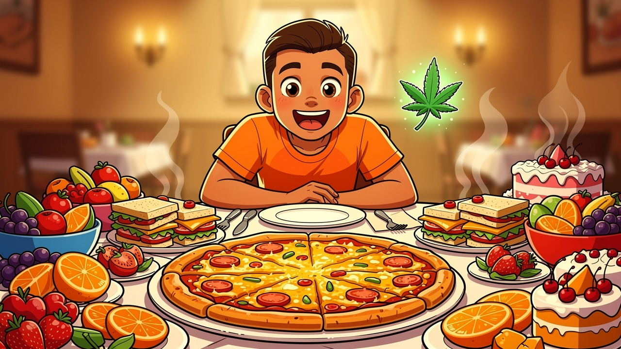 Happy cartoon person enjoying a colourful meal with food