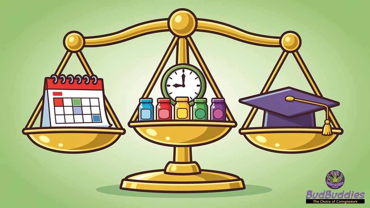 Cartoon scales balancing cannabis habits with academic success