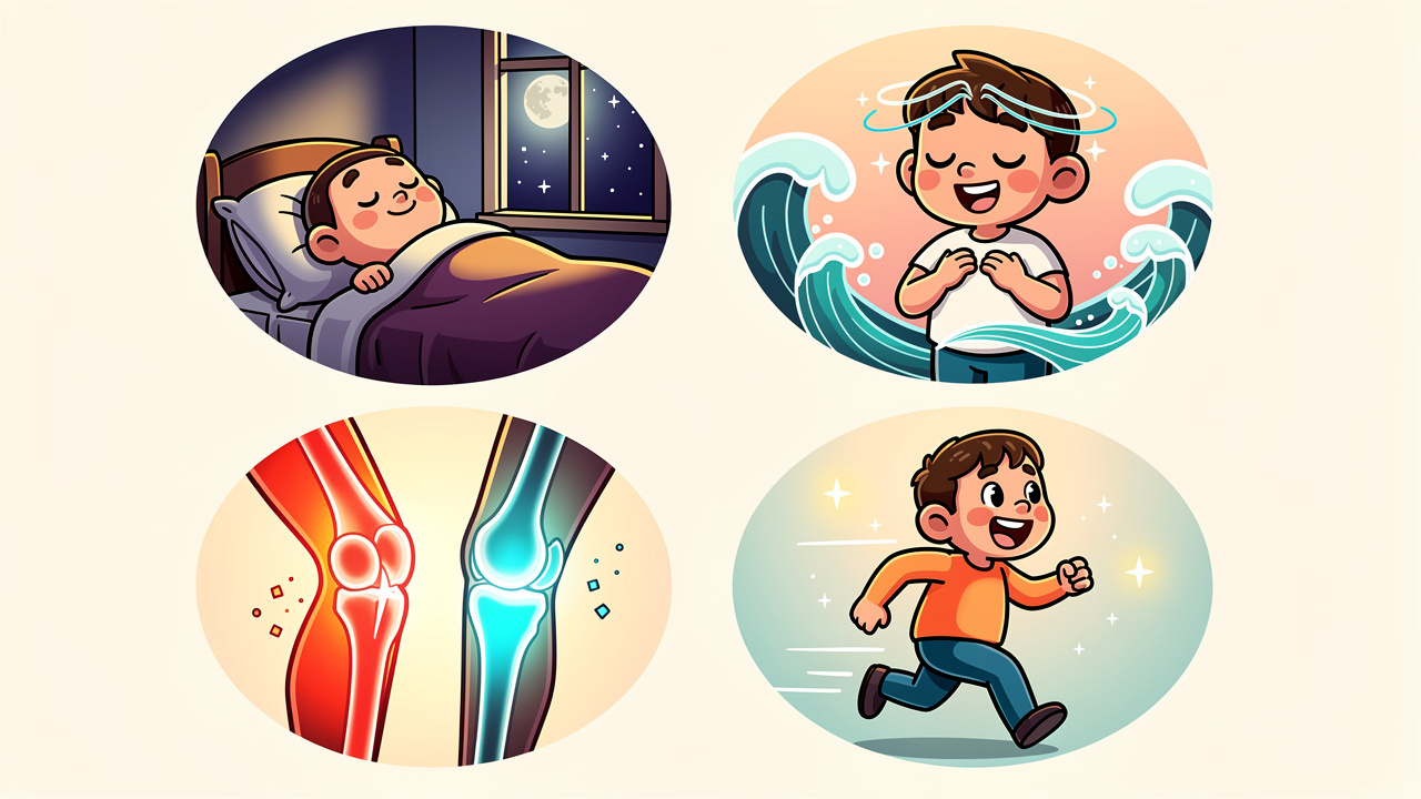 Cartoon showing cannabis benefits for pain sleep mood and inflammation