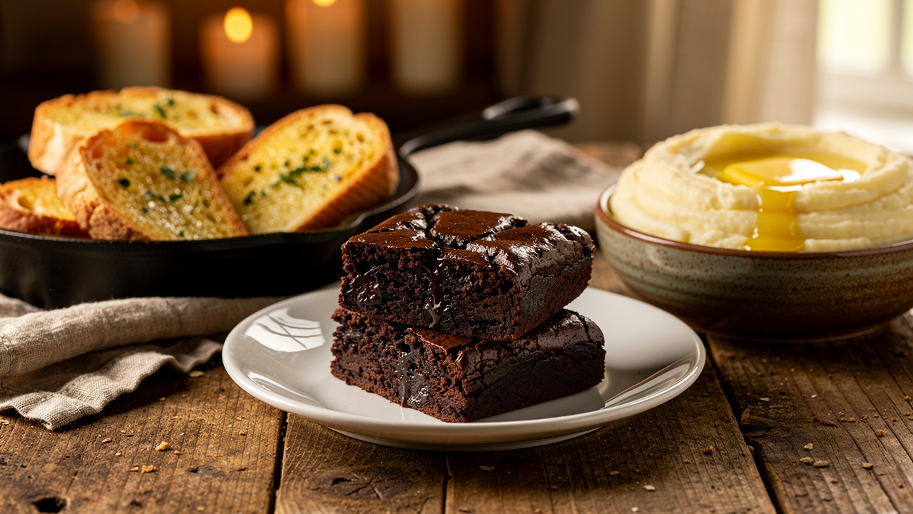 Brownies garlic bread and mashed potatoes made with cannabis butter