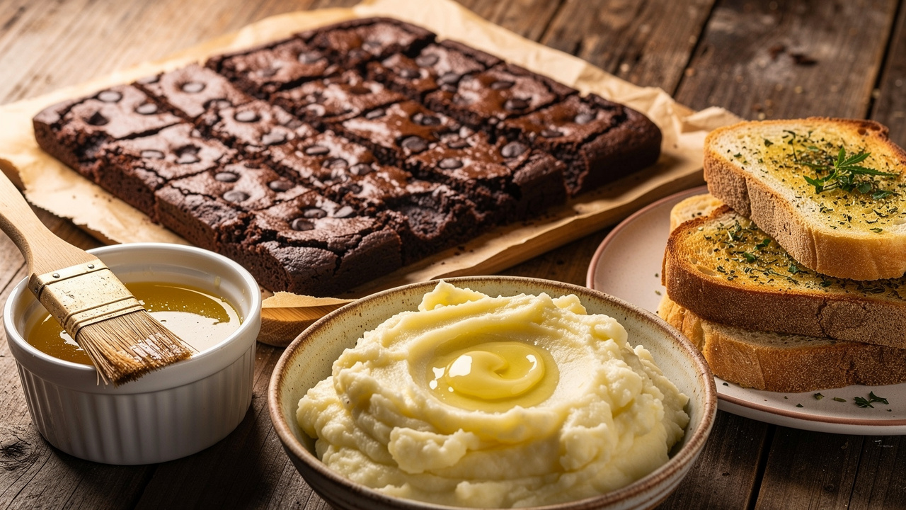 Brownies garlic bread and mashed potatoes made with cannabis butter