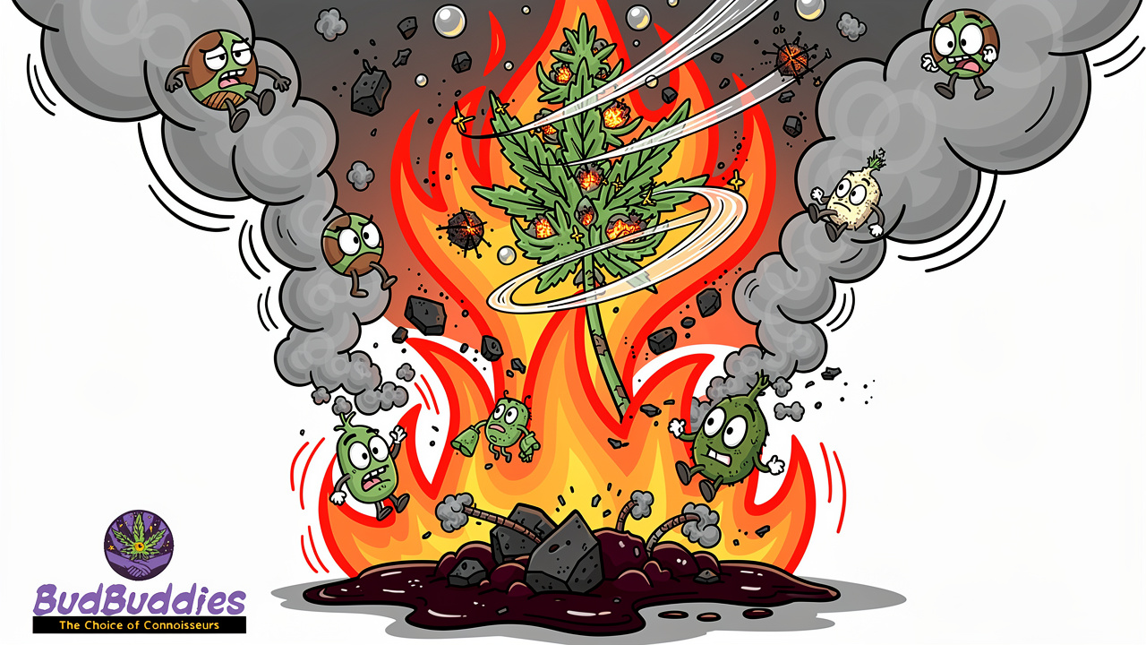 Cartoon illustration of cannabis combustion with heat and smoke