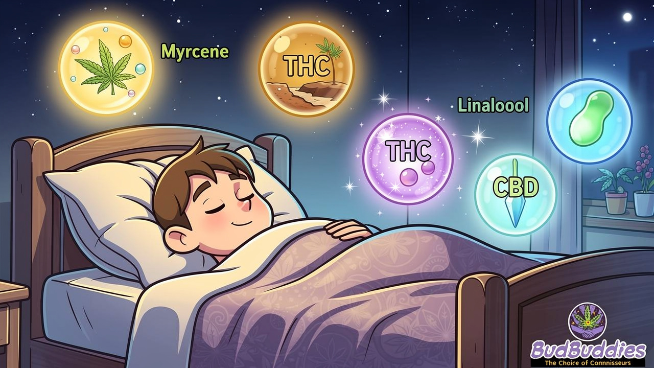 Cartoon bedroom scene illustrating cannabis compounds and their effects on sleep quality