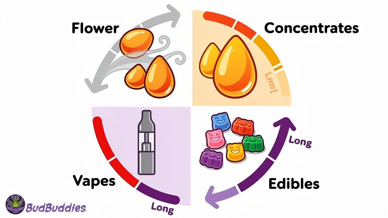 Illustrated guide comparing different cannabis consumption methods and their effects