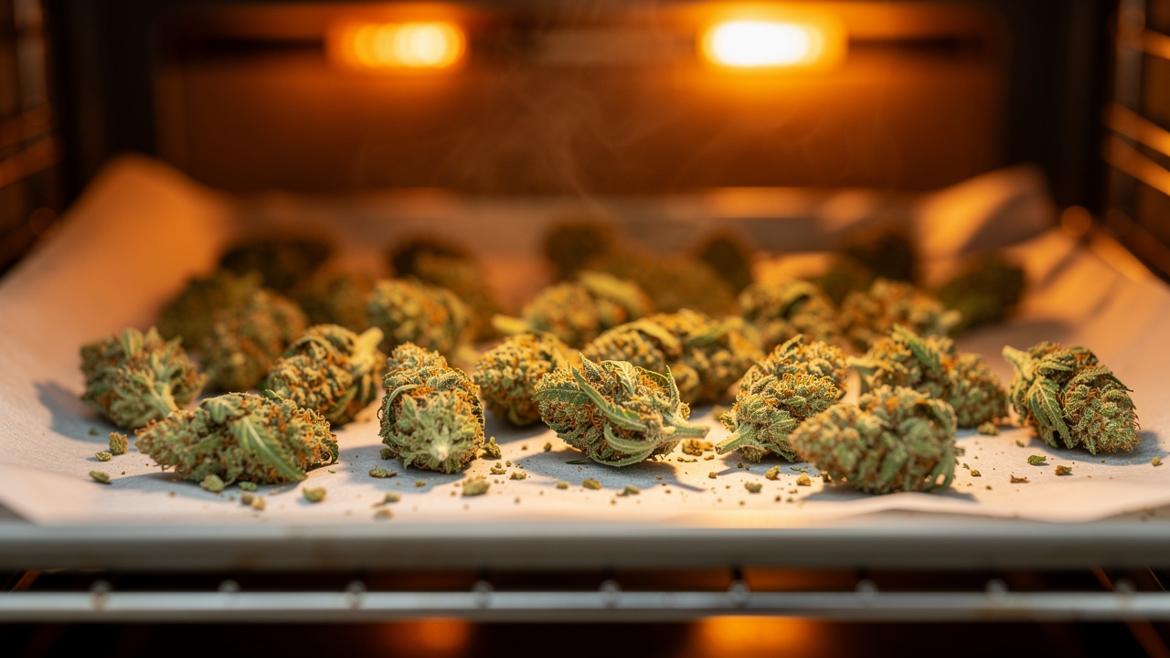 Cannabis buds decarboxylating on a parchment-lined baking sheet