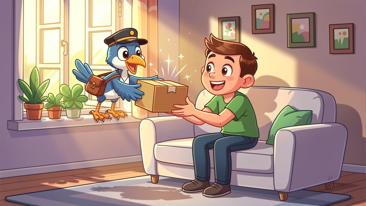 Cartoon of happy customer receiving cannabis delivery at home