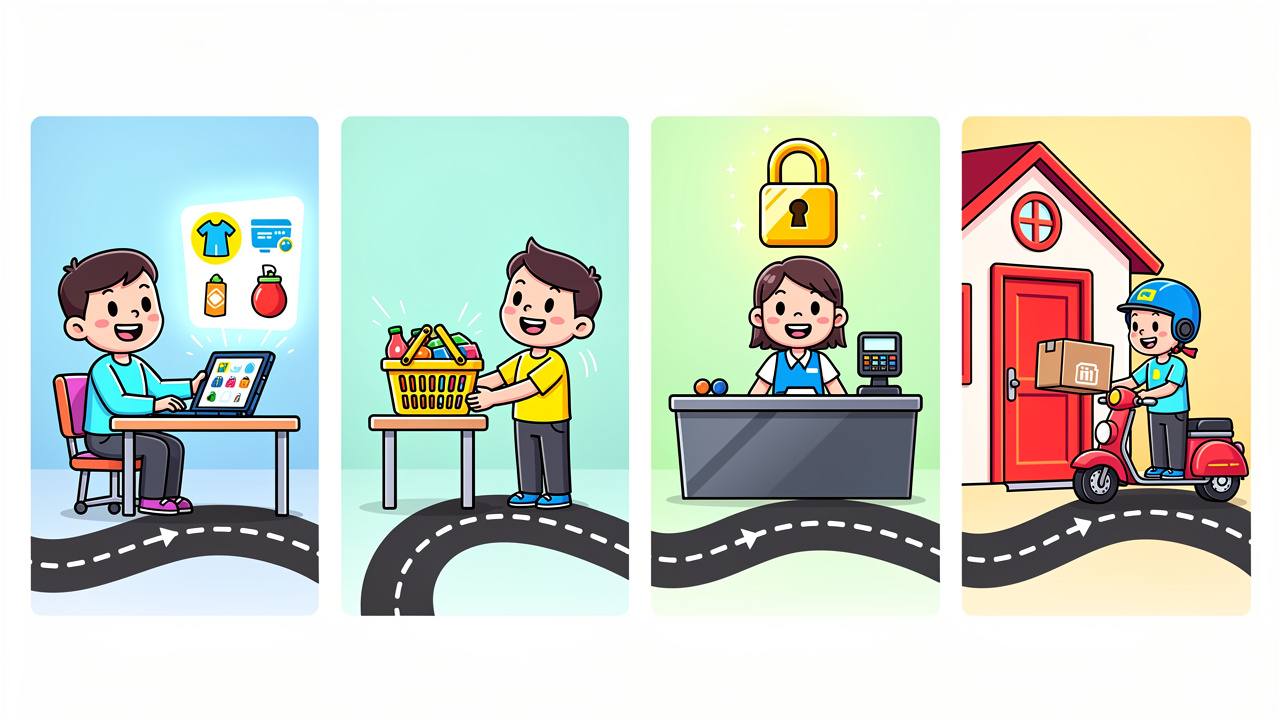 Cartoon four-step cannabis delivery ordering process illustration