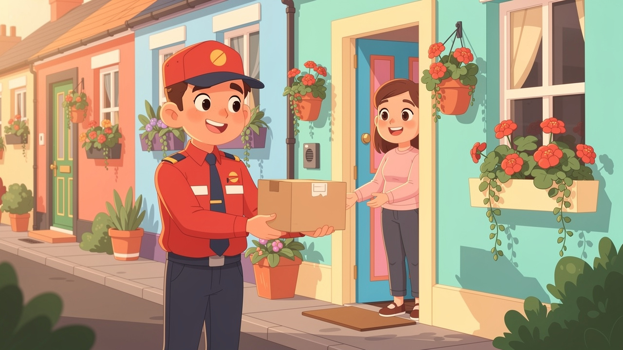 Friendly courier delivering parcel to Larne home doorstep