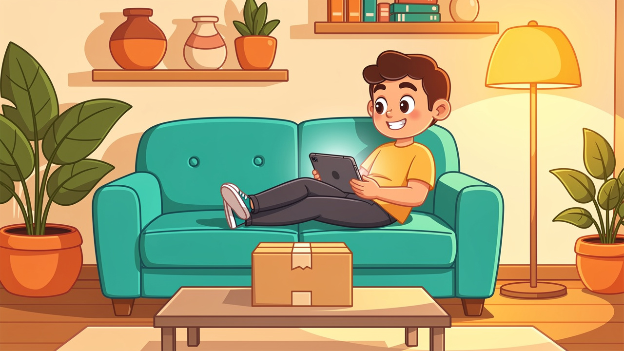 Cartoon person ordering cannabis delivery from sofa at home