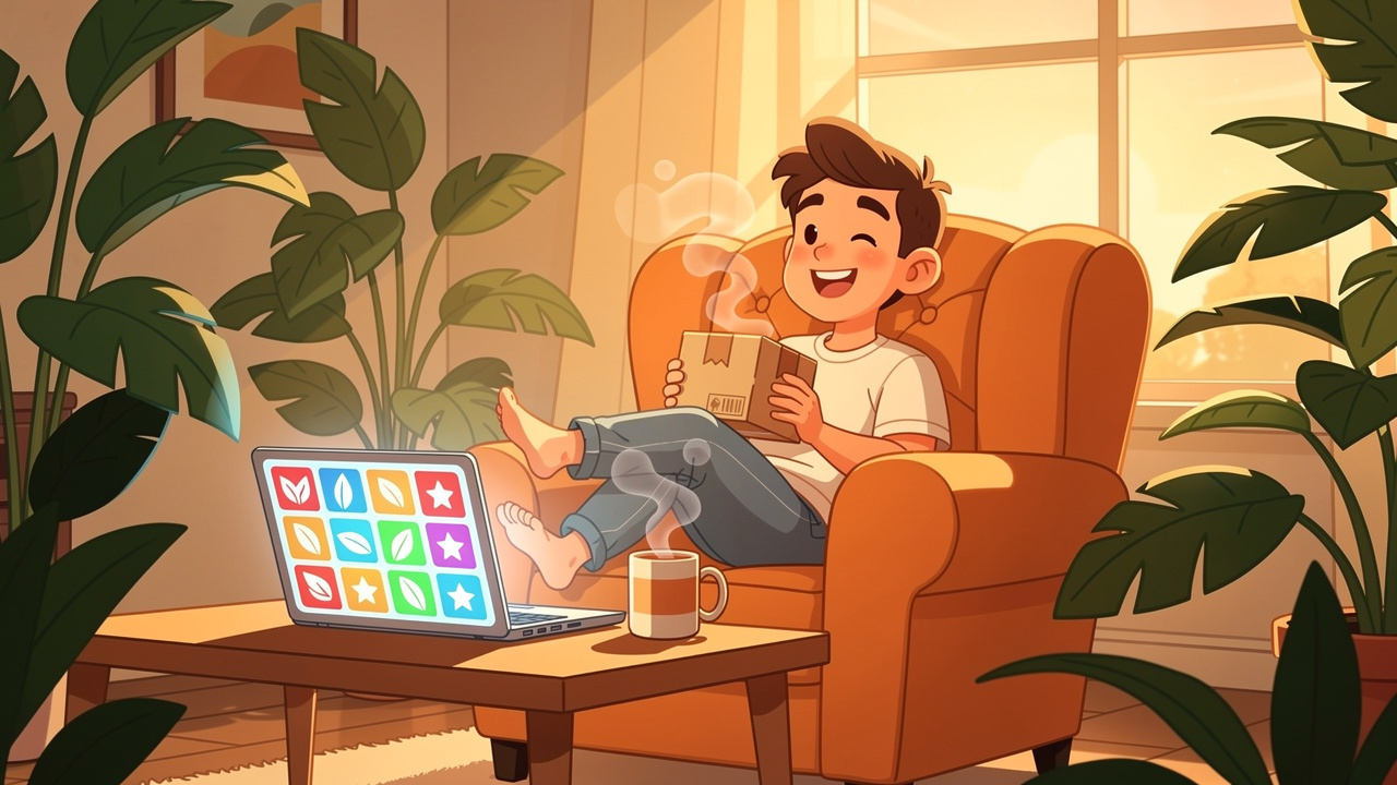 Cartoon character happily receiving cannabis delivery at home