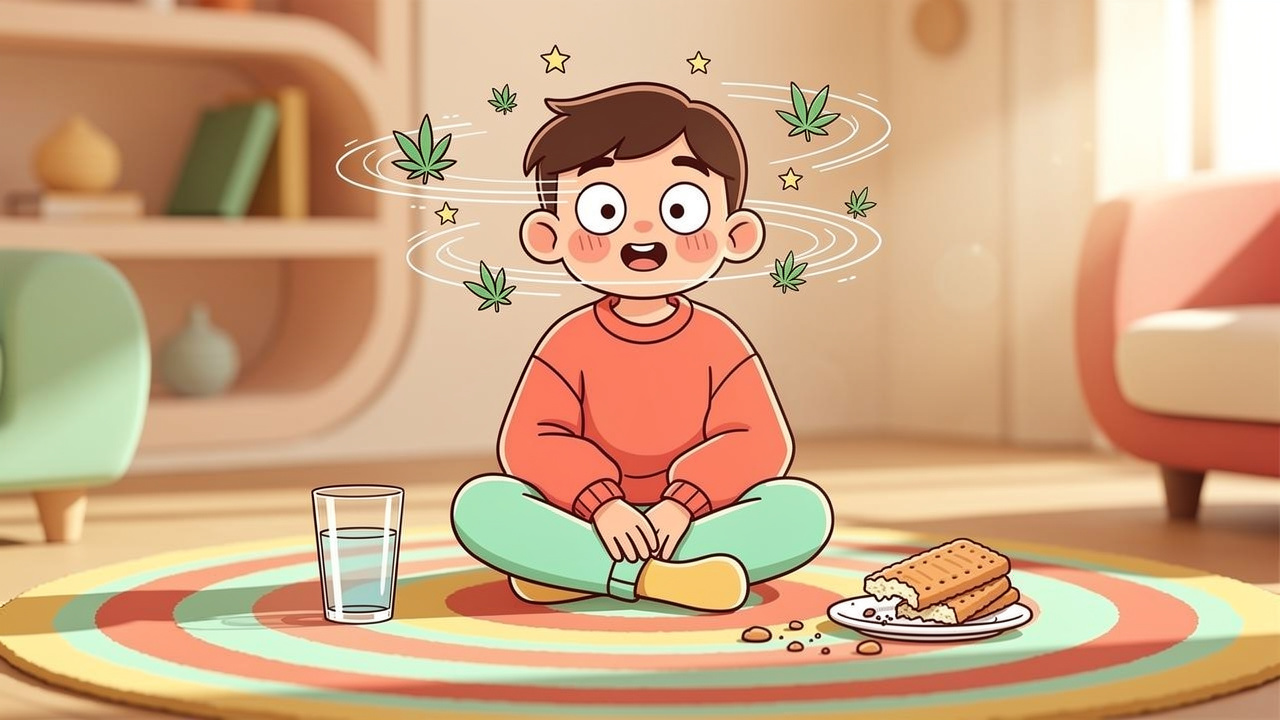 Cartoon person dizzy after one hit of cannabis with water nearby