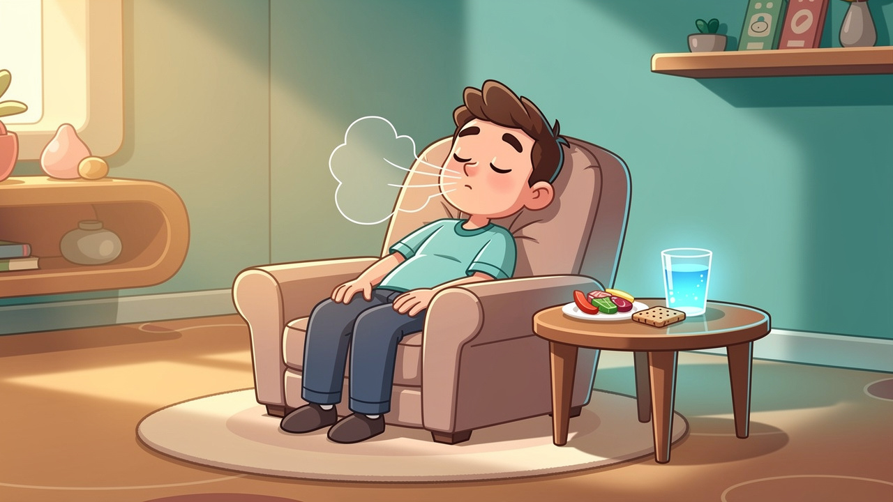Cartoon character sitting calmly and breathing after cannabis dizziness