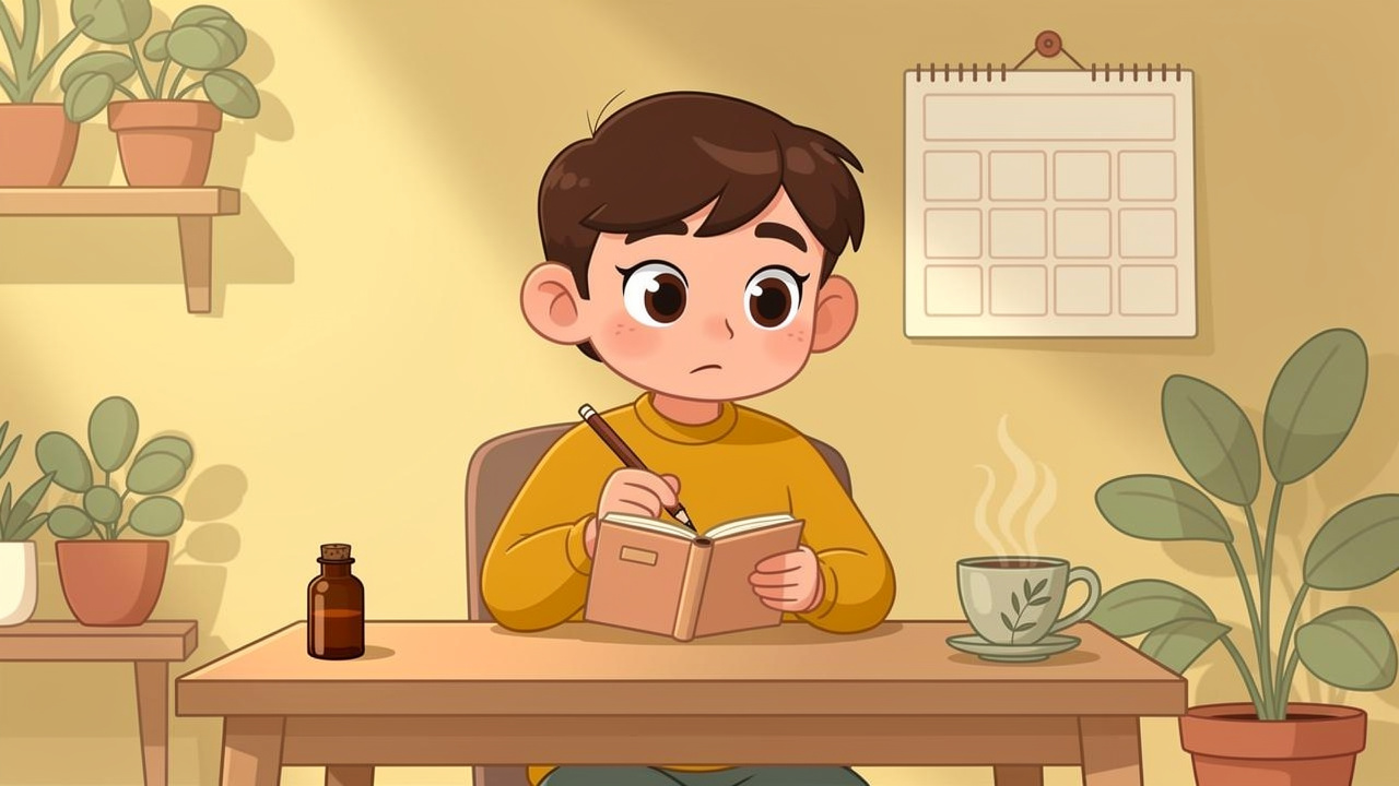 Cartoon character tracking cannabis dosing in a notebook diary