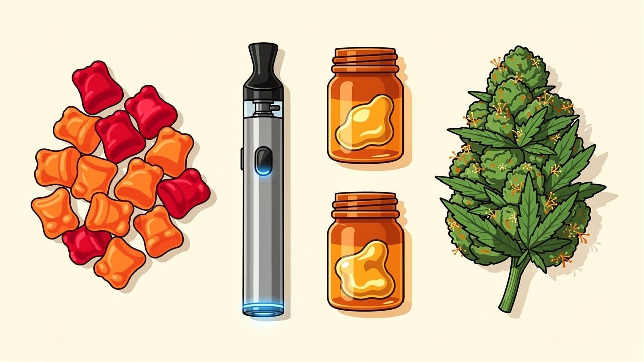 Cartoon illustration of cannabis edibles vapes and concentrates